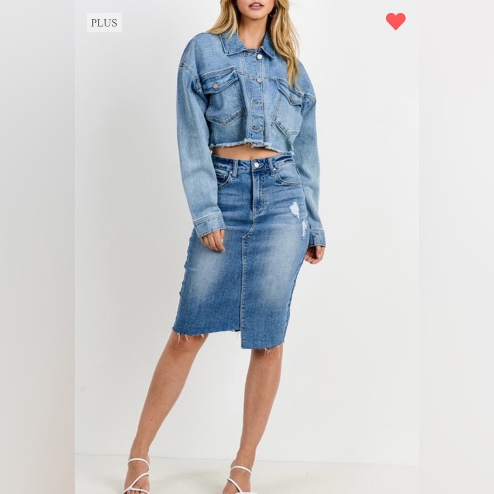 Denim midi distress plus size skirt